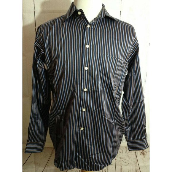 Pronto Uomo Men's Blue Brown Striped Non Iron Long Sleeve Size Medium‎ Shirt - Picture 1 of 3